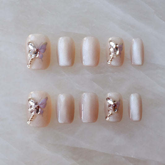 [GLORS] Purely Handmade Short Press On Nails | SCSbutterfly - Artistic Fake False Nail Tips with Butterfly | Salon Quality Cat-eye Nail Art in Short Square 10 pieces(XS, SS)
