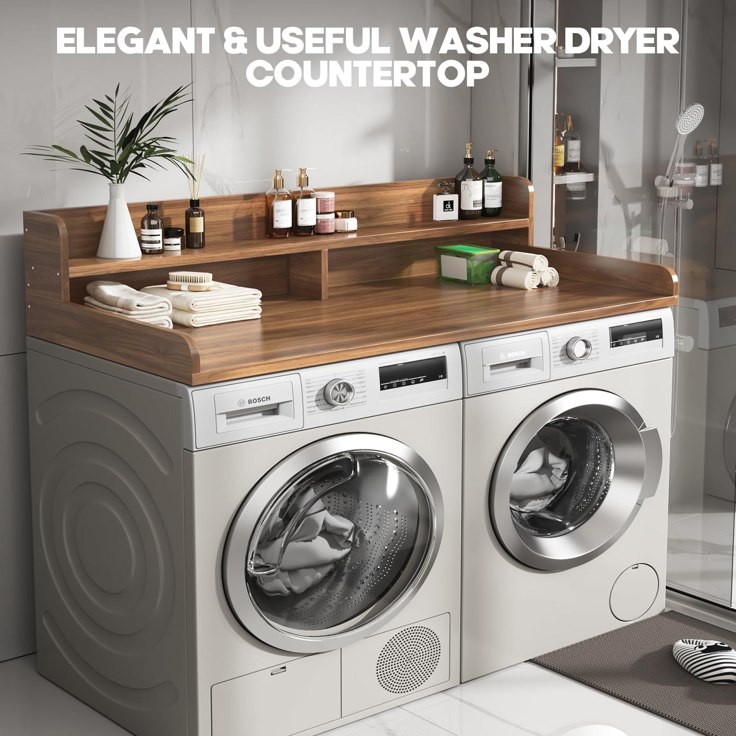 BigPonPon 2-Tier Washer and Dryer Countertop,2.75" H Guard,58" W x 28" D Laundry Countertop Cover with Non-Slip Pad,Large Space Laundry Topper for Folding Clothes Over Washer and Dryer-Dark Walnut