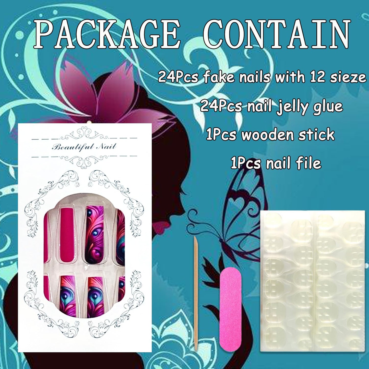 EYZOTSF Press on Nails Long Coffin Shaped Acrylic Square False Nails with Designs Artificial Extra Long Length Coffin Fake Nails with Charms Glue Stick ons Fingernails for Women Girls(Y465)