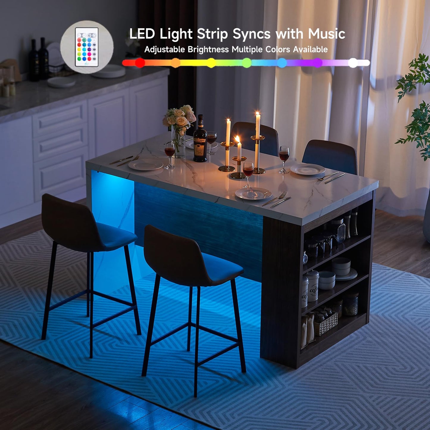 ONBRILL 61"*31" Whole Board of Tabletop Kitchen Island Table with Storage Space, Power Outlet & LED Lights, Modern Imitation Marble Large Counter Height Dining Table for 4 (White)