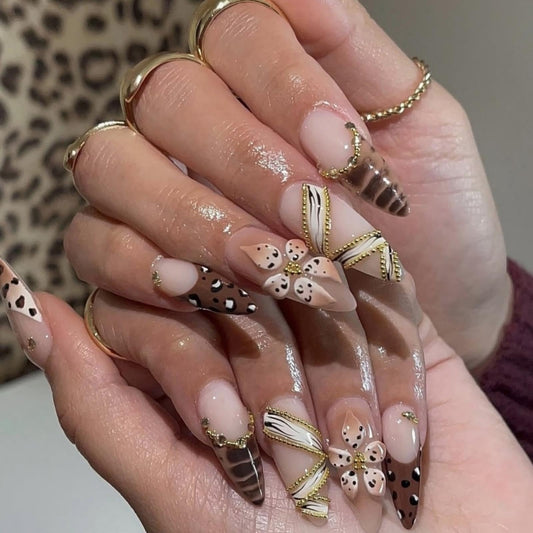 Leopard Prints French Tips Press on Nails Medium Almond Nails Press on with 5D Flower Charm Design Glossy Brown Glue on Nail Rhinestone Lines Fake Nails Fall Winter Nail for Women Manicure 24Pcs
