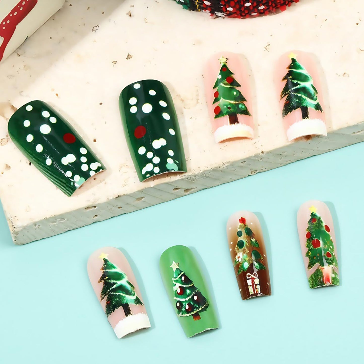 CJDLTS Christmas Press on Nails Medium Artificial Ballet Acrylic False Nails French White Tip Xmas Fake Nail Christmas Trees Stick on Nail Full Cover Winter Artificial Fingernails for Women Manicure