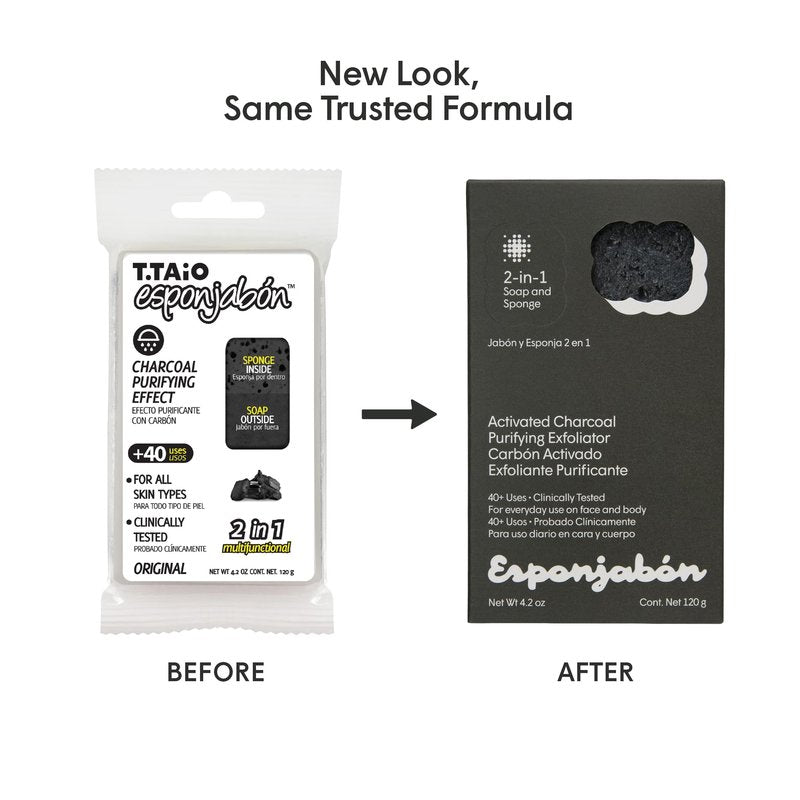 T.Taio Esponjabon Charcoal Soap Sponge - Cleansing Shower Scrubber - Cleaning Bath Wash Scrub - Oil Removal - Massage & Lather Foot, Elbow, & Face - Bathroom Accessories - Charcoal, Mini Soap Included
