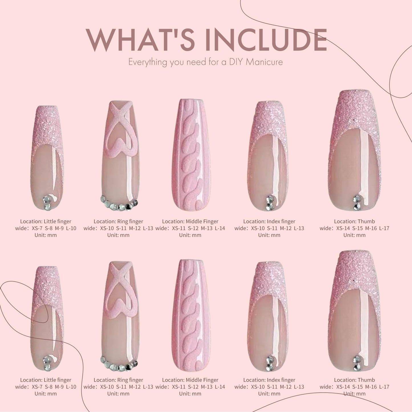 Press On Nails Pink Sweet Knit Series - Reusable False Nails with Knit Texture, Heart Design & Glitter Accents, Cute Elegant Acrylic Fake Nails for Women Daily Wear Dates Gifting (XS)
