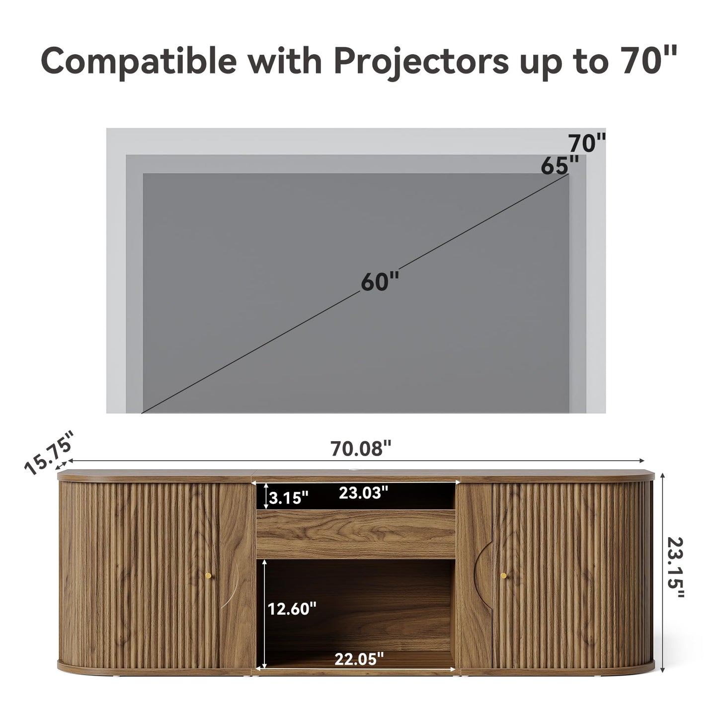 LITTLE TREE 70-Inch TV Stand for Projector, Entertainment Center with Ample Storage, Mid-Century Modern Media Console for Living Room, Bedroom, Wooden Stand for Short Throw Projector, Walnut Brown