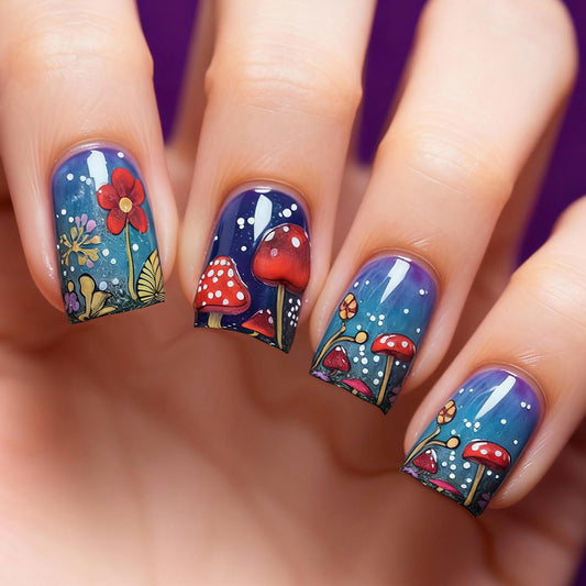 24pcs Short Square Press on Nail Spring Fake Nails with Colorful Mushrooms Flower designs Stick on Nail Glossy Cute Acrylic False Nails Full Cover Cartoon Reusable Glue on Nails for Women