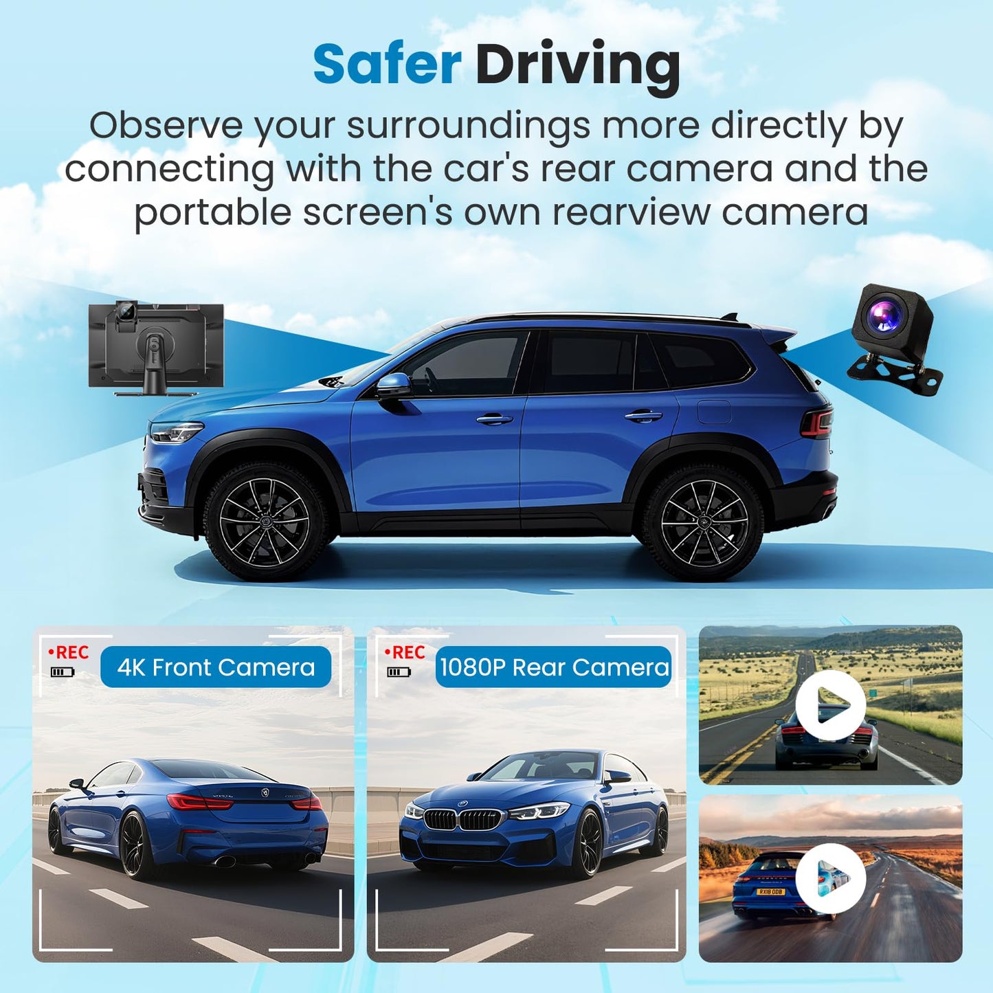 Portable A pple Carplay Screen for Car, 11.3" Extra Large Wireless Car Play & Android Auto Screen for Car, Car Stereo with 4K Dash Cam, App View, Backup Camera,GPS,Mirror Link,FM, Voice Control