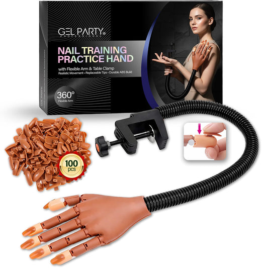 GELPARTY Flexible Nail Practice Hand with Table Clamp – Professional Manicure Training Hand for Acrylic & Gel Nails – Includes 100pcs Replacement Brown Tips, Adjustable & Reusable (Basic Hand Set B)