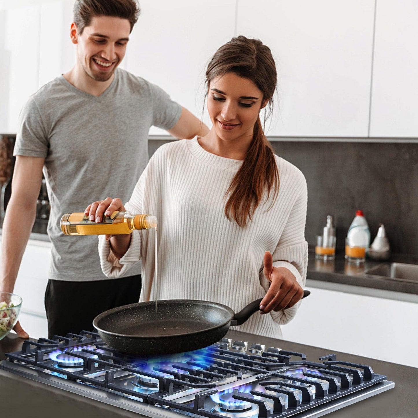 AMZCHEF 36 inch Gas Cooktop with 5 Made in Italy SABAF Power Burners.Max 48300 BTU/hr Built-in Gas Stove top of 304 Stainless steel,NG/LPG Convertible,ETL.