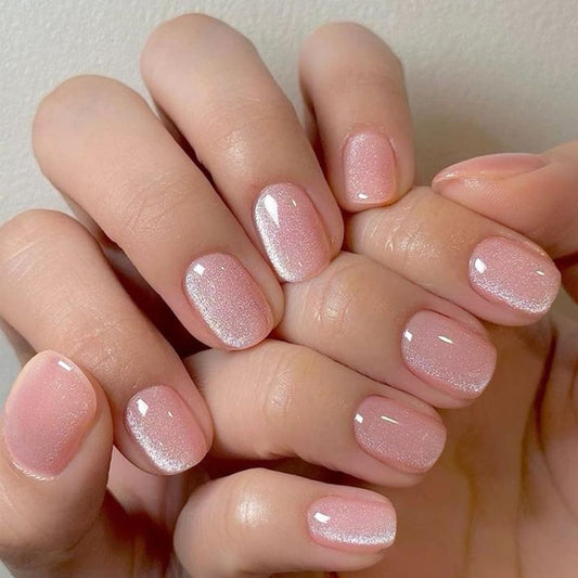 GLAMERMAID Nude Pink Cat Eyes Short Press on Nails, Spring Summer Extra Short Squoval Glue on Nails for Women, Square Soft Gel Fake Nails, Round Reusable Acrylic False Nails Manicure Kit for Women