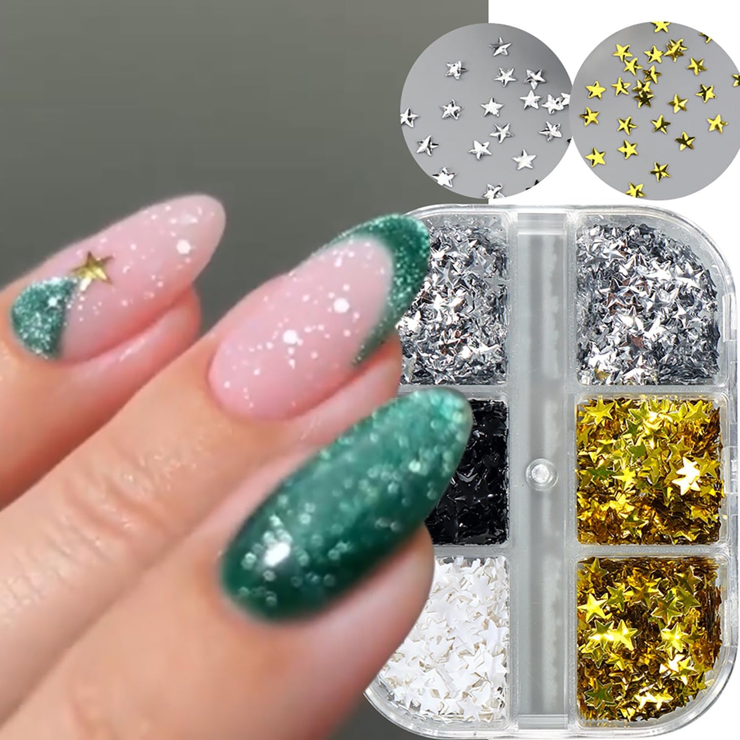 Christmas Nail Art Sequins 3D Stereo Stars Glitter Sequins Black White Gold Silver Star Nail Art Glitter Flakes Charistmas Day Nail Decorations Supplies Winter DIY Manicure Accessories for Women