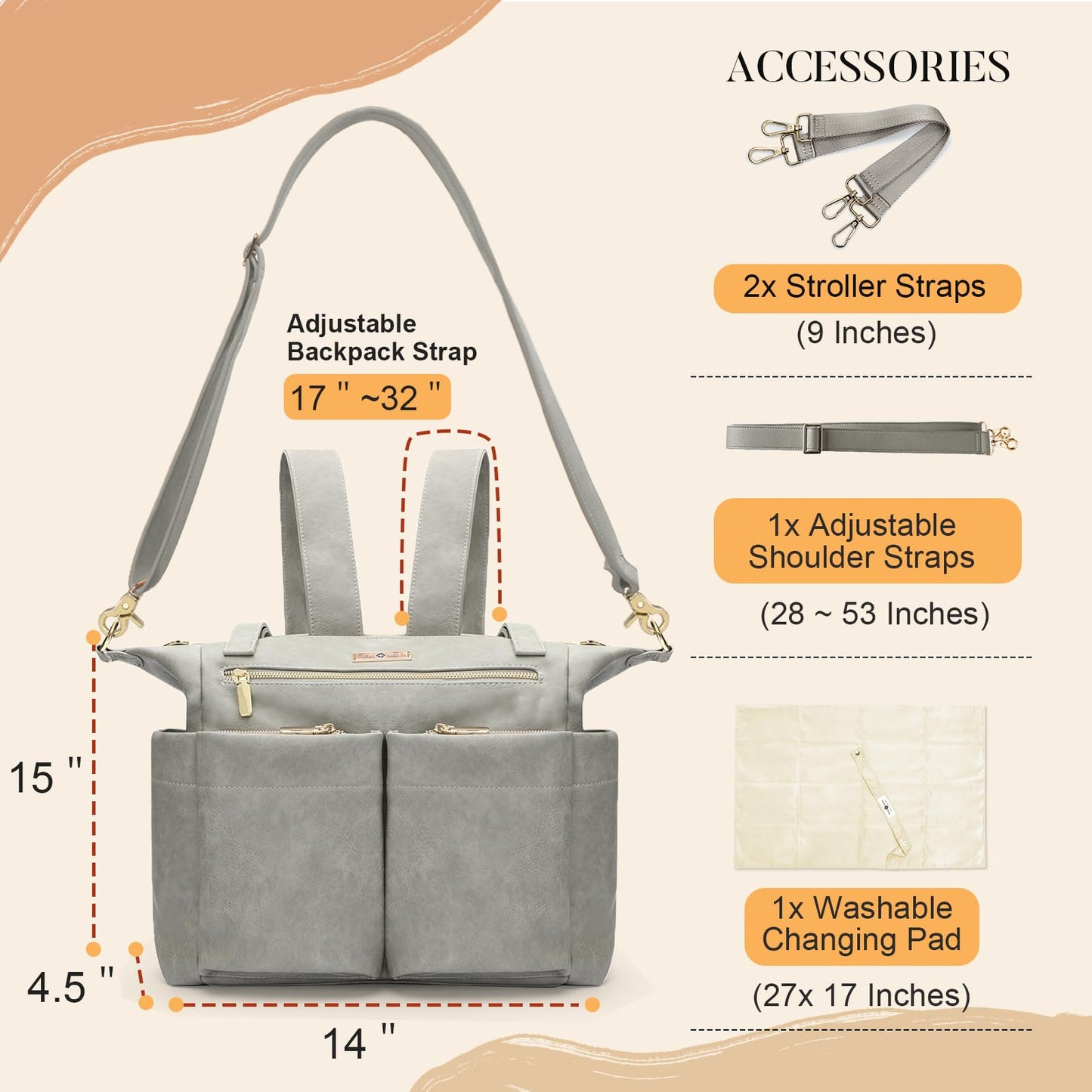 miss fong Diaper Bag Tote Baby Bag Leather Diaper Backpack Large Diaper Tote Bag for girls & boys Diaper Bag Purse with 11 Pockets,Changing Pad, Stroller Straps,4 Insulated Pockets