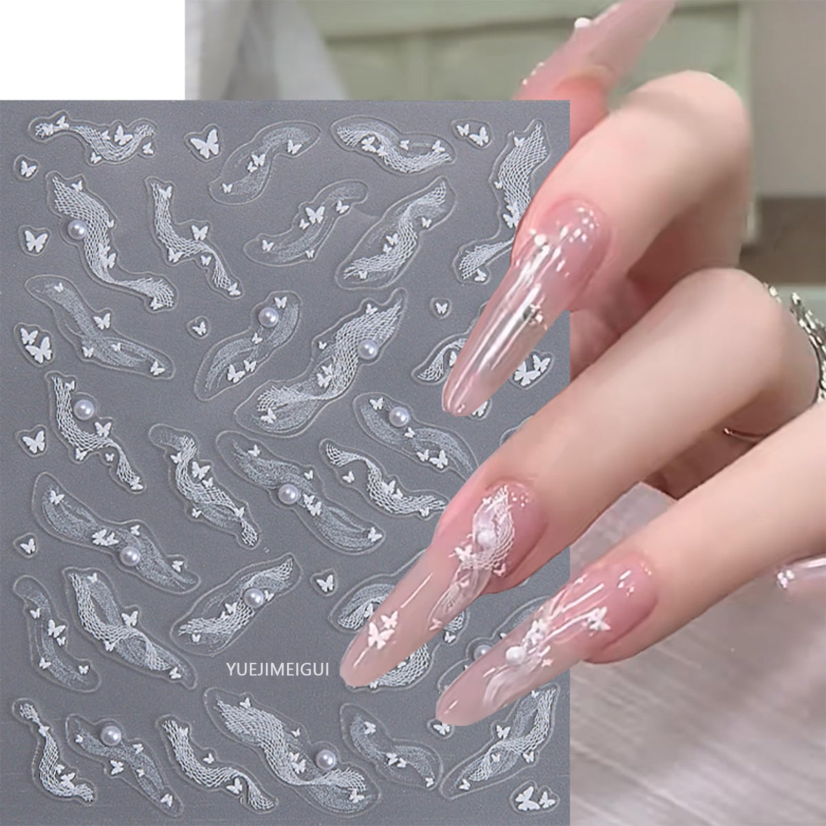 3 Sheets White Bow Ribbon Nail Art Stickers Pearl Lace Rhinestone Embossed Nail Decals Butterfly Pearl Design Self-Adhesive Nail Stickers Women's Nail Art Supplies