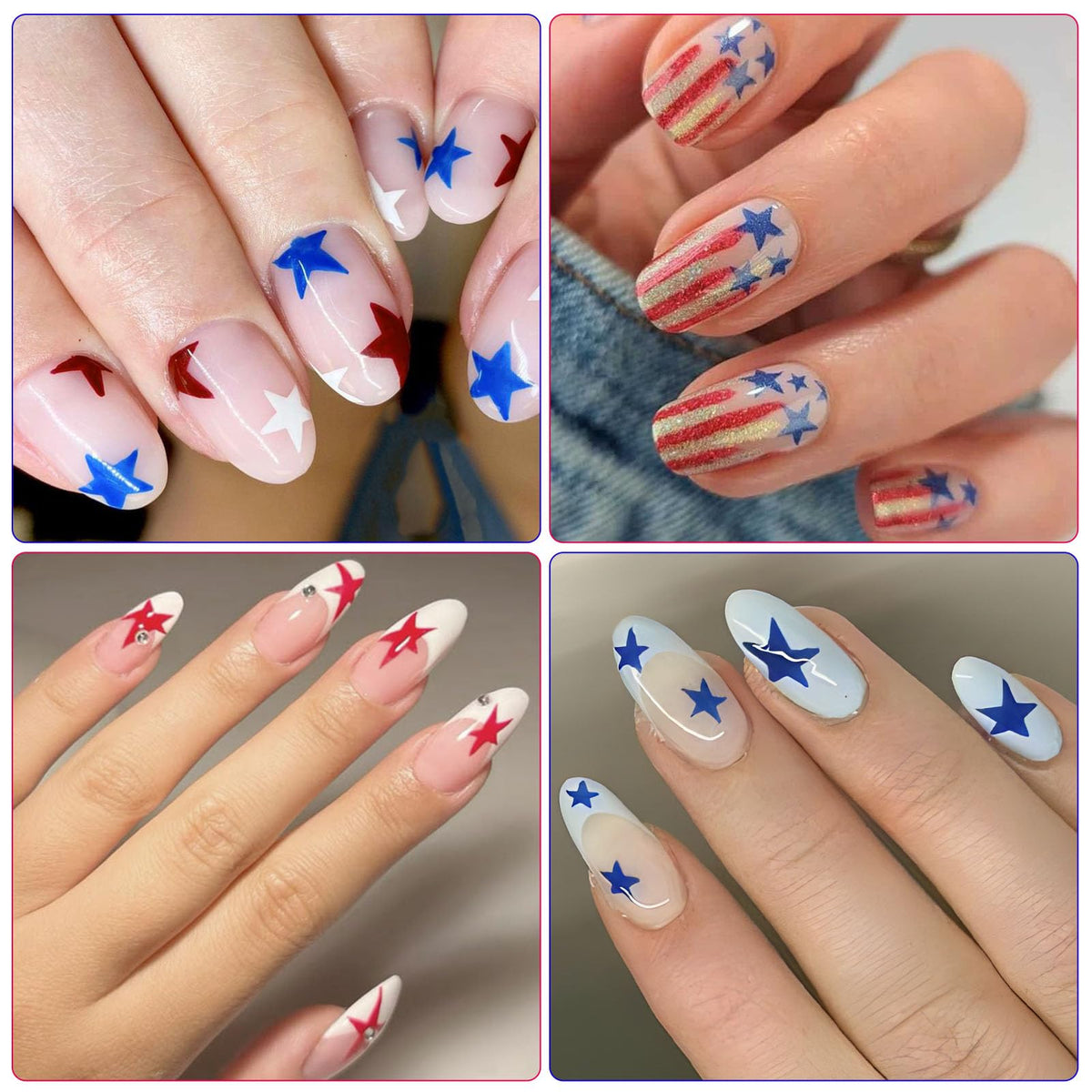 IDDFEVE 4th of July Nail Stickers, Red Blue White Star for Independence Day Patriotic Nail Decals, 3D Design Self-Adhesive USA Flag Star Nail Art (6 Sheets)
