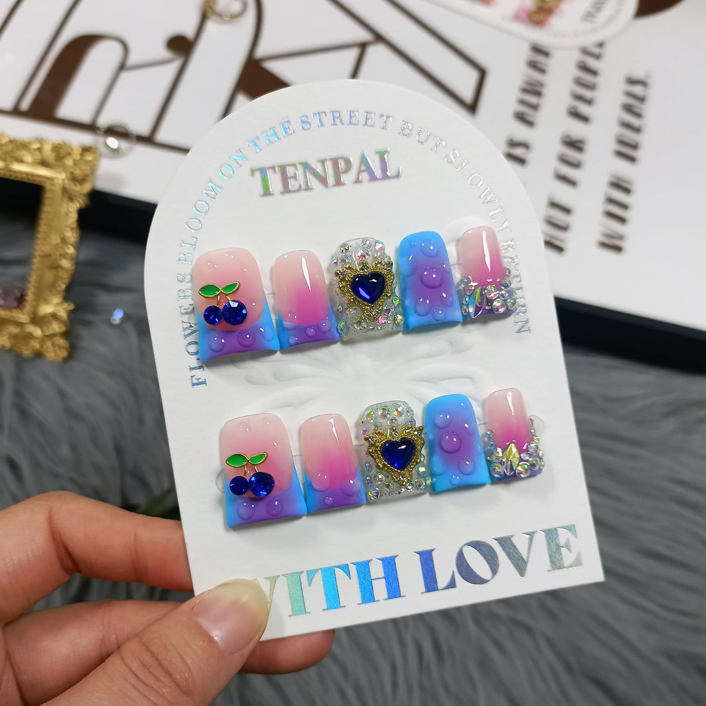 TENPAL Handmade French Tips Press on Duck Nails Kits - Icy Blue Purple Ombre Duckbill Nails with 3D Cherry Design, Acrylic Glossy Y2K False Nails for Women Girls Daily Parties(S)