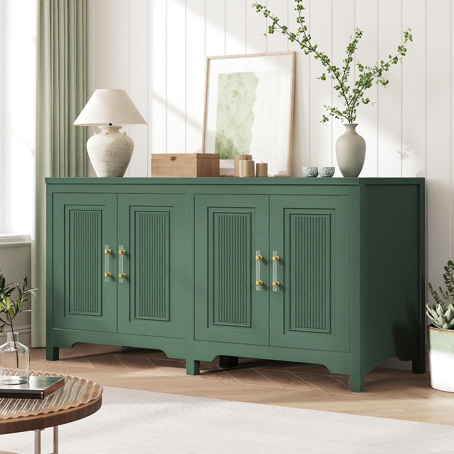 Jocoevol 55" Buffet Cabinet with Storage, Modern Fluted Door Design Sideboard Buffet Cabinet with Adjustable Shelf, Coffee Bar Station for Kitchen, Dining Room, Green