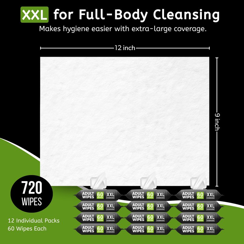 Adult Wipes for Elderly - 720 Wipes 12 Packs Thick Extra Large Disposable Washcloths for Adult Bathing & Shower Alternative No-Rinse - Lightly Scented XXL