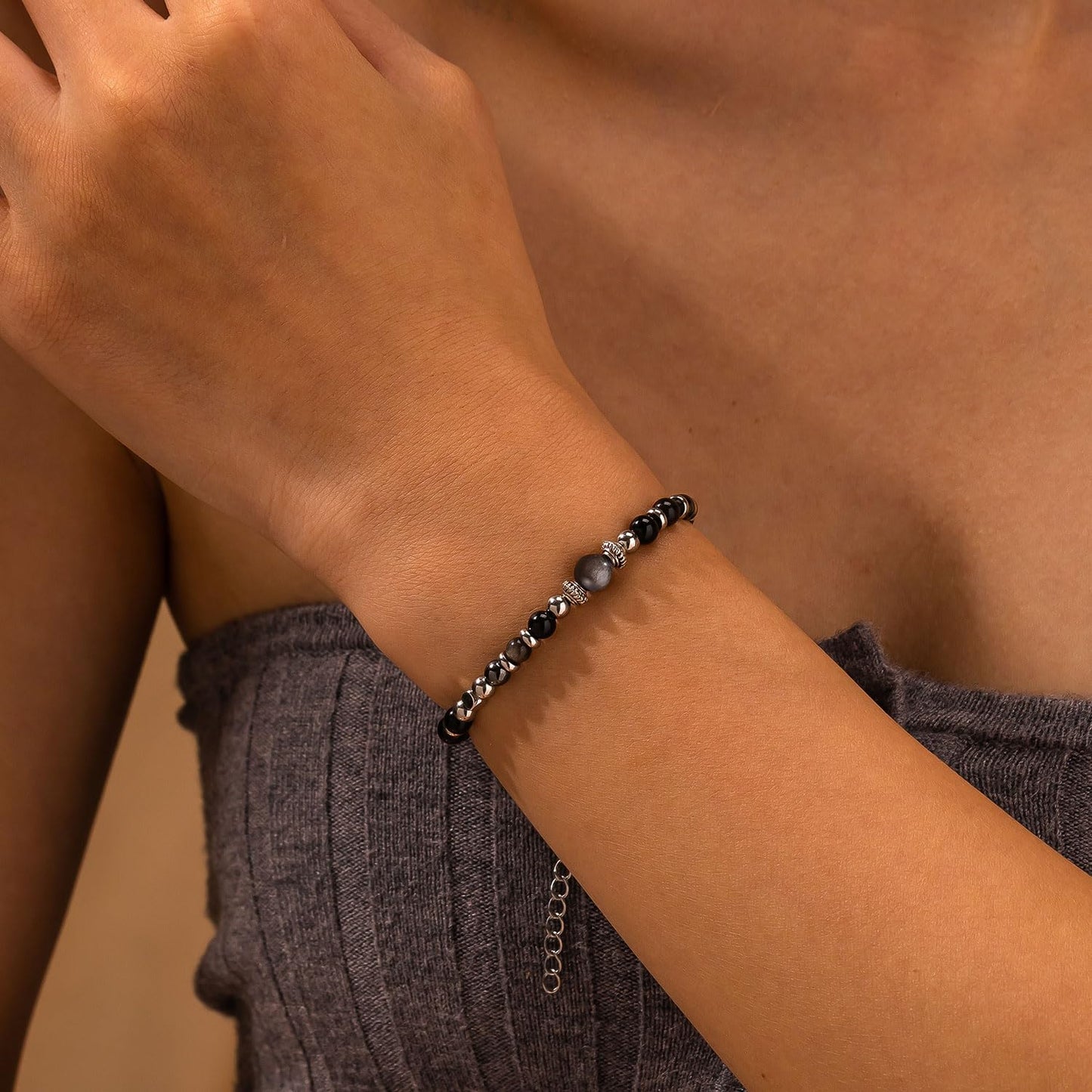 Triple Protection Bracelet for Women, Hematite Black Tourmaline Obsidian Bracelets Natural Healing Stone Empath Protection Bracelets for Women, Energy Healing Crystals Luck Wish Bracelet -(TP)