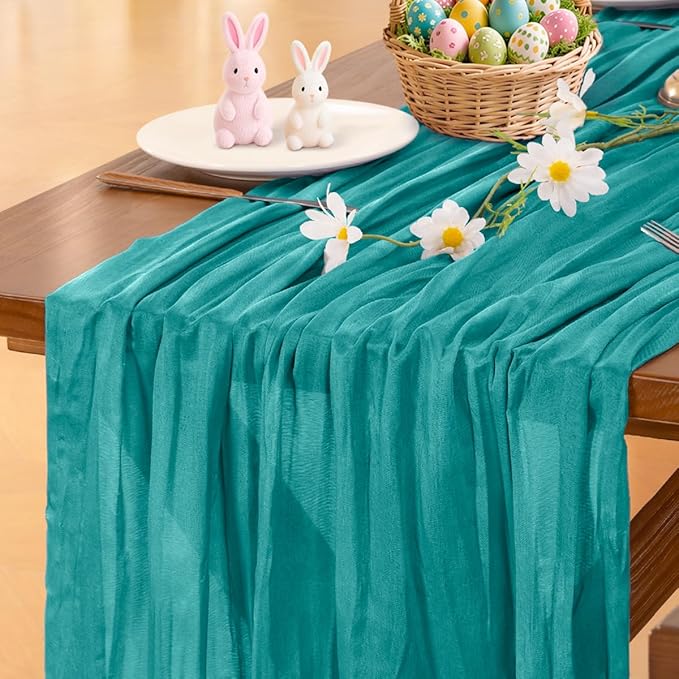 Socomi 10pcs Teal Blue Cheesecloth Table Runner Boho Rustic Gauze 120 inch 10FT Cheese Cloth Sheer Runner for Wedding Party Baby Shower Birthday Home Decor Holiday Decorations
