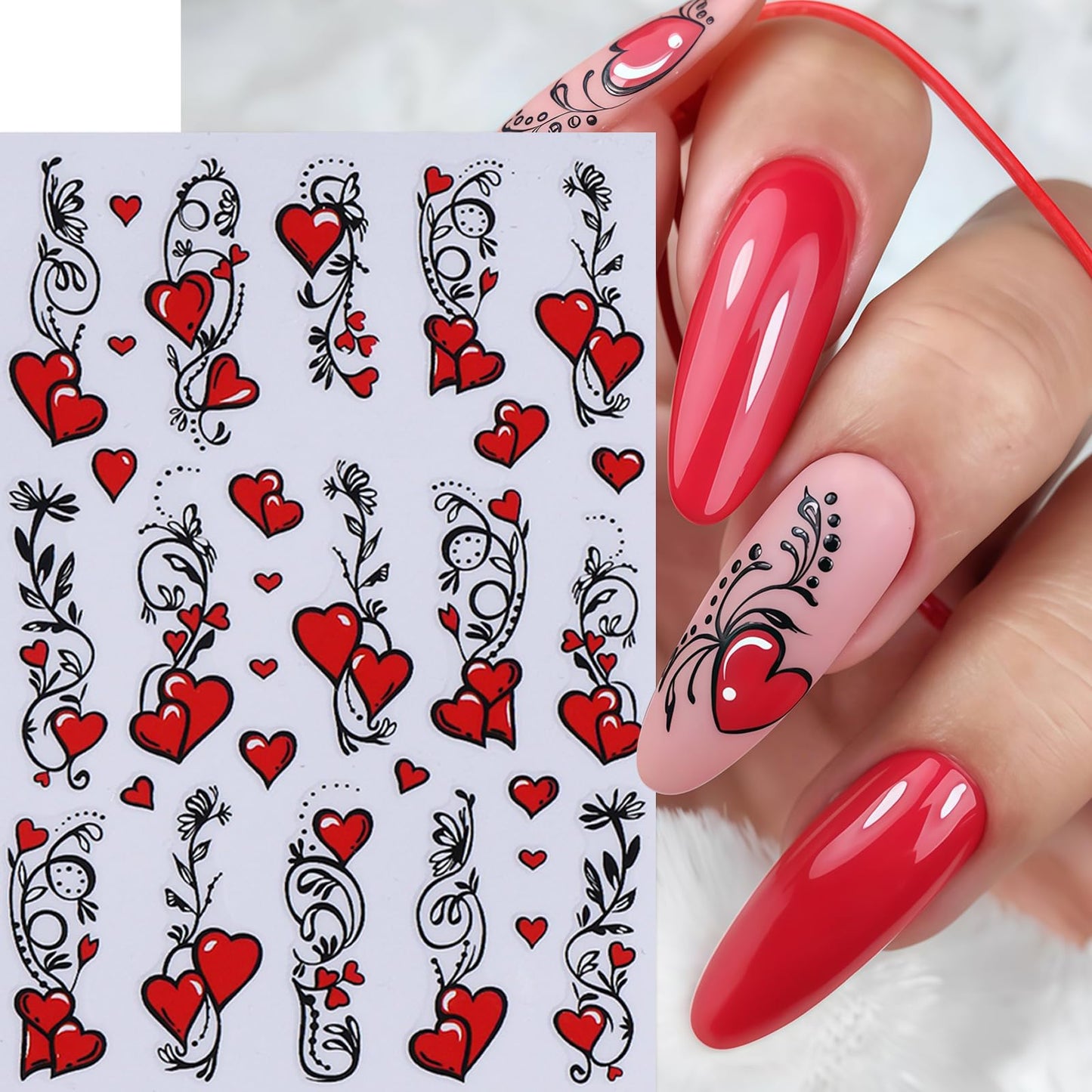 8 Sheets Heart Bows Nail Art Stickers Valentines Day 3D Self Adhesive Hearts Nail Sticker Heart Love Red Bow Tie Nail Design Comic Heart French Tip Line Manicure Accessories for Women Nail Decoration