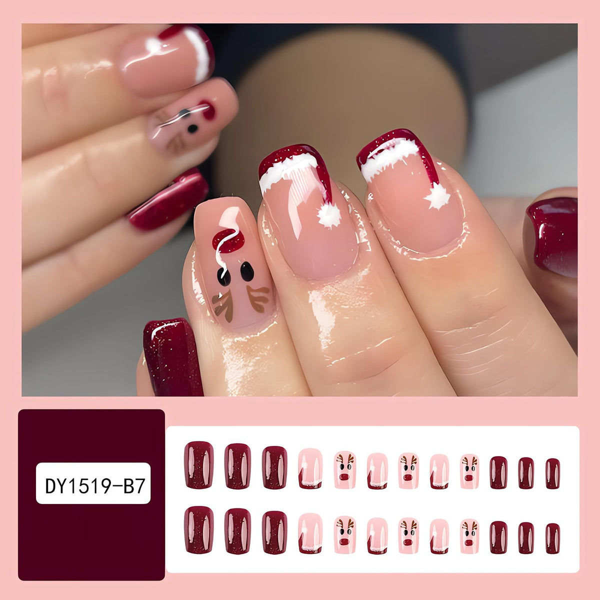 Short Square Press on Nails Christmas Fake Nails Red French Tip Santa Hat Glue on Nails with Elk Designs Acrylic Gel Nails Kit Red Artificial Nails Christmas False Nails 24Pcs for Women Nail Art