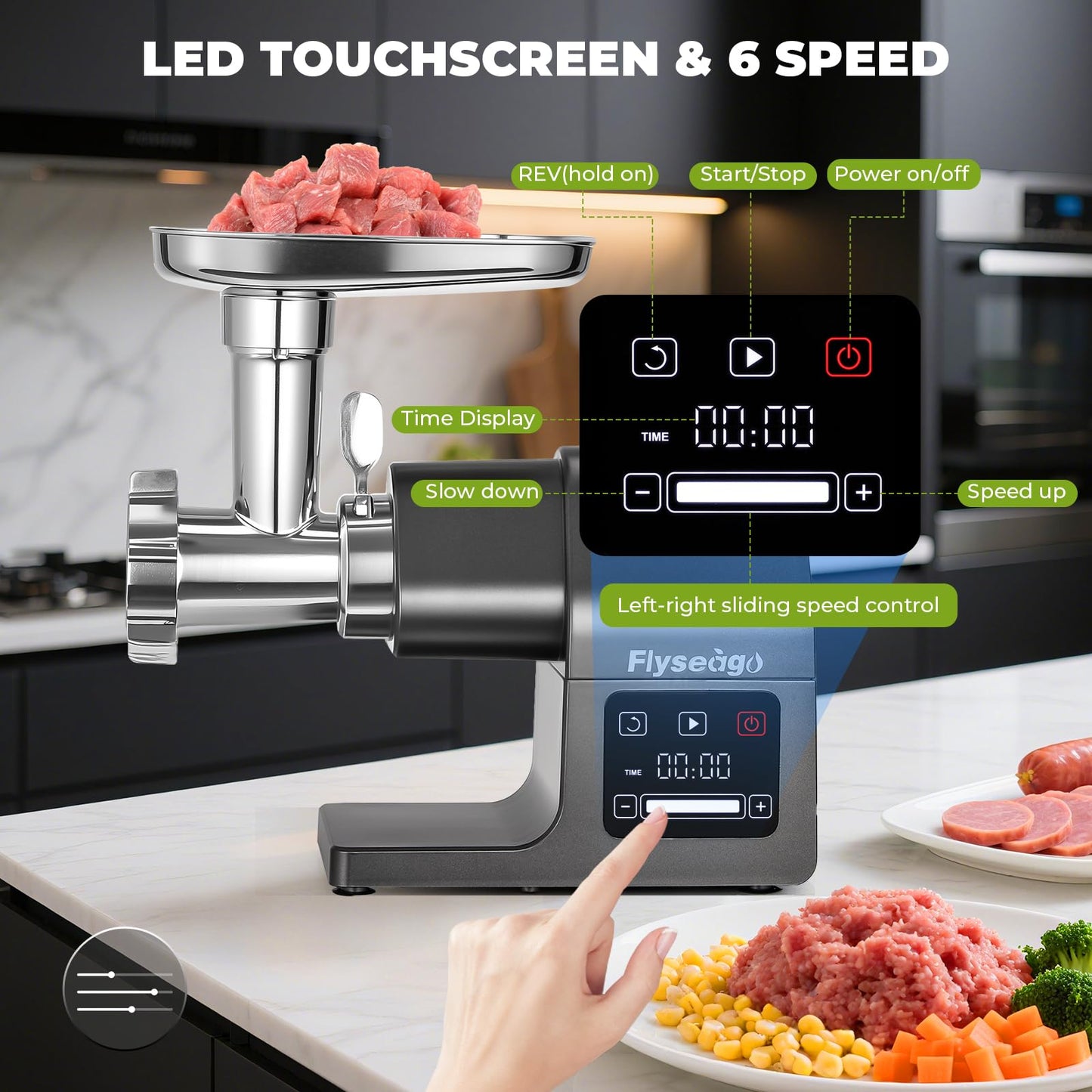 Flyseago Multifunctional Meat Grinder Electric 3200w Digital Touch Control Commercial Heavy Duty Meat Grinder, Veggie Slicer, Ice Cutter Sausage Stuffers and Kubbe Kit for Household Use & Commercial