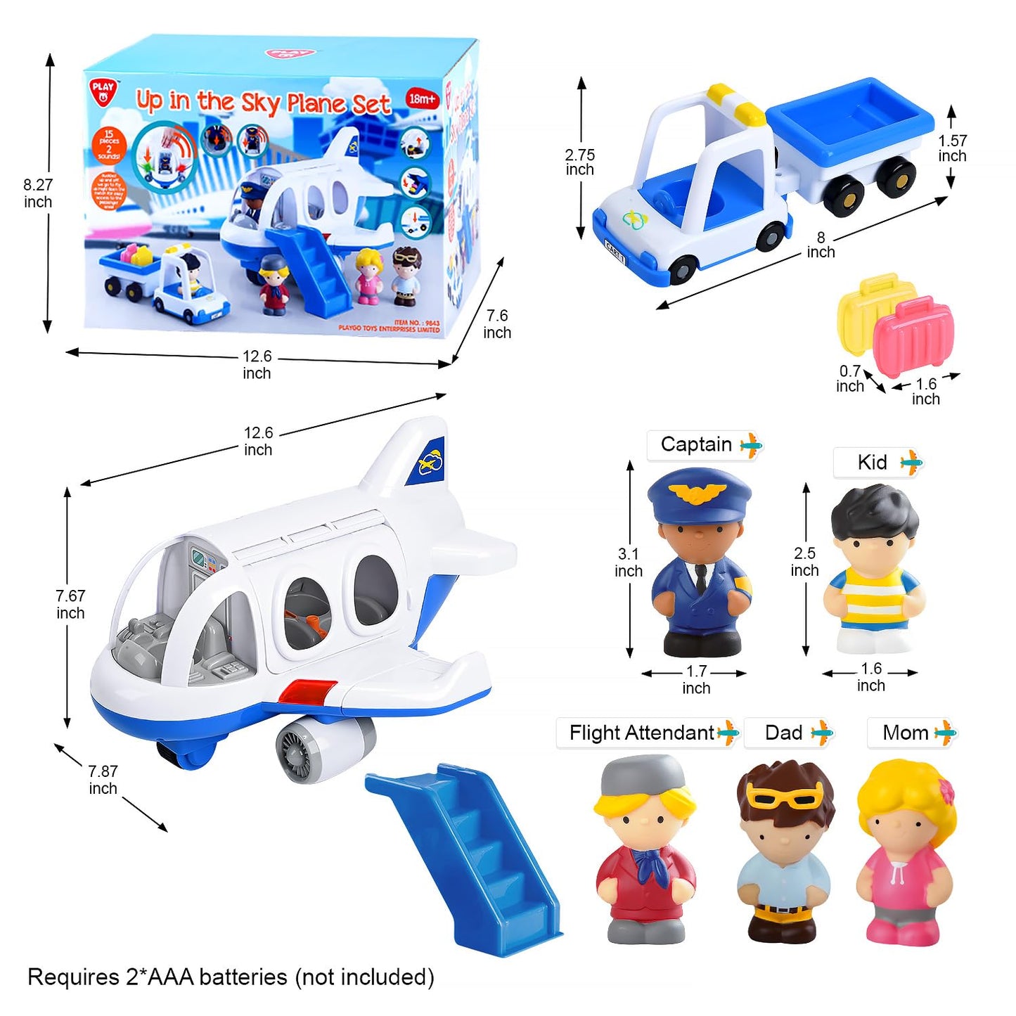 PLAY Airplane Toy for Kids - Toddler Airplane Toys Travel Plane Toys for Kids 2+ Years Old with Small Figures & Baggage Carrier, Musical Toy Airplane with Lights for Boys Girls Gifts Birthday (Blue)