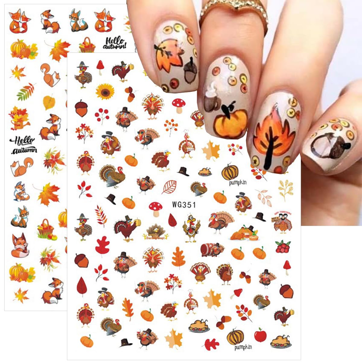 8 Sheets Fall Nail Stickers for Nail Art Autumn Thanksgiving Nail Art Stickers 3D Self-Adhesive Pumpkin Turkey Nail Design Stickers Pegatinas Uñas Maple Leaf Nail Decals for Women Girls DIY Manicure