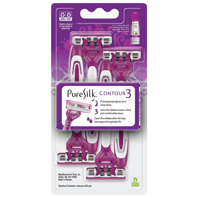 Pure Silk Contour 3 Disposable Razors for Women | 3-Blade Premium Razor Value Pack | Pivoting Head, Dual Moisture Bars Infused with Aloe, Vitamin E, Argan Oil | 3 Packs (9 Total Razors)