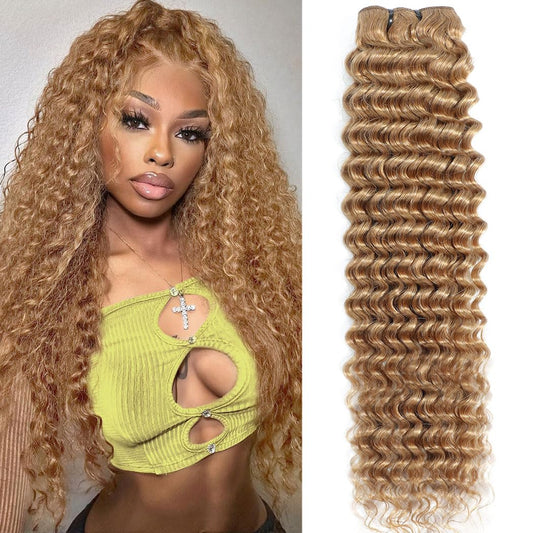 #27 Blonde Deep Wave Human Hair Bundles 20 Inch 12A Brazilian Human Hair Curly 1 Bundle Honey Blonde Wet and Wavy Bundles for Black Women