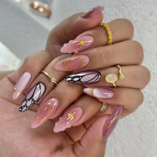 BABALAL Press On Nails, Medium Almond Fake Nails, Pink Purple Cat Eye Ombre With Gold Star & Butterfly, Y2k Summer Bling Shiny Full Cover Glue On Nails 24Pcs