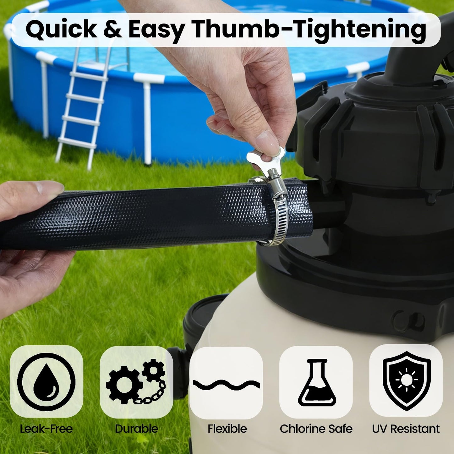 Poolvio Backwash Hose 2" x 100 ft, Heavy-Duty Lay-Flat Reinforced PVC Discharge Hose with 2 Stainless Steel Thumb Screw Clamps, Leak-Resistant for Inground & Above-Ground Pool Filters