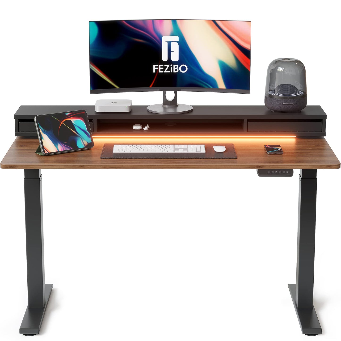 FEZIBO 60 x 24 Inch Height Adjustable Electric Standing Desk with Double Drawers, Stand Up Desk with LED Strips, Sit Stand Desk with Monitor Stand, Black Walnut