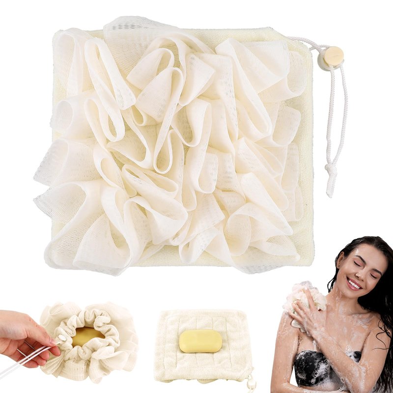 Swiffen 1 Pcs Washcloth Loofah Combo, 2 in 1 Bath Loofah Sponge with Drawstring, Exfoliation Mesh Shower Puff Ball for Body Wash Cleansing and Smooth Skin (Beige)