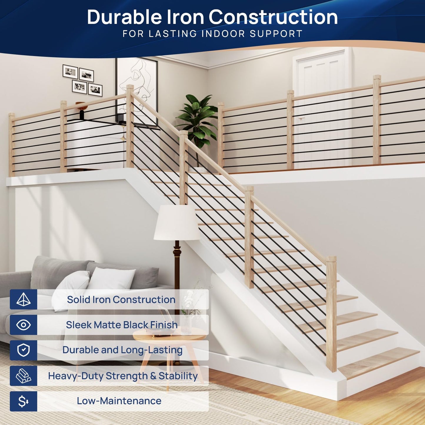 7 Pack 6 FT x 35/64 inch Iron Stair Balusters with 14mm Wood Drill Bit, Matte Black Hollow Horizontal Interior Baluster, Stair Railing Spindles for Indoor Staircase