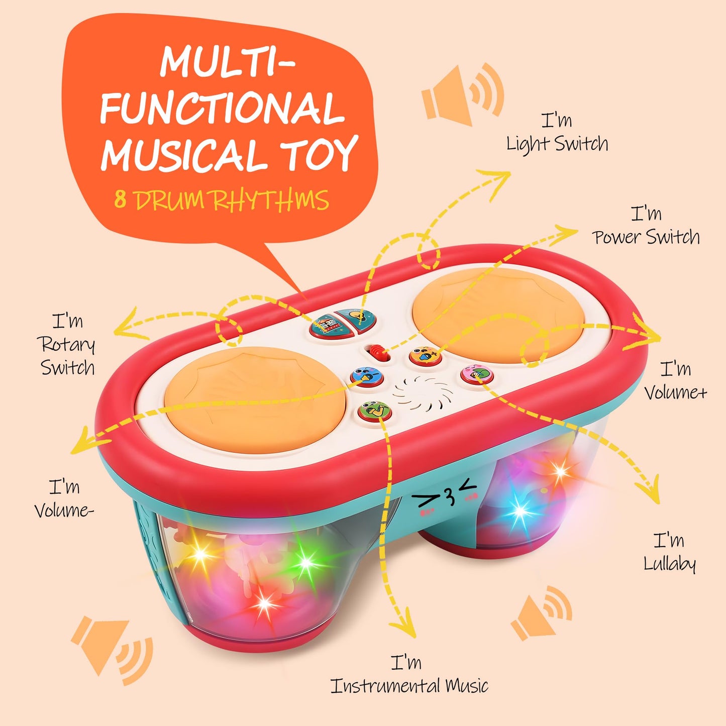 ROHSCE Montessori Sensory & Musical Baby Bundle: Textured Turtle Balls & Drum Musical Learning Infant Toys