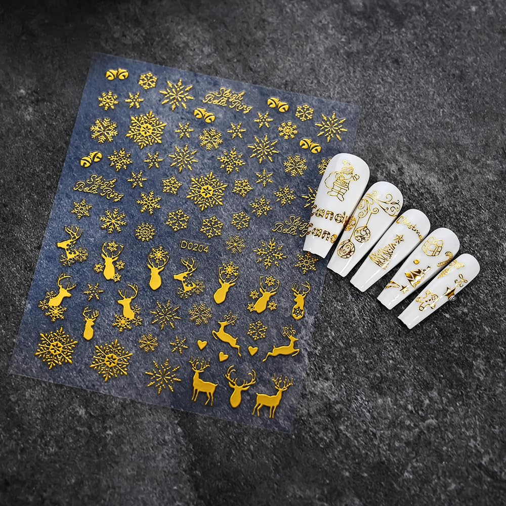 12PCS Christmas Nail Stickers Gold & Red Holographic Nail Art Stickers Festive Reindeer Snowflake Self Adhesive Nail Decals Santa Nail Art Supplies for Women Girls DIY Manicure Nail Art Decorations