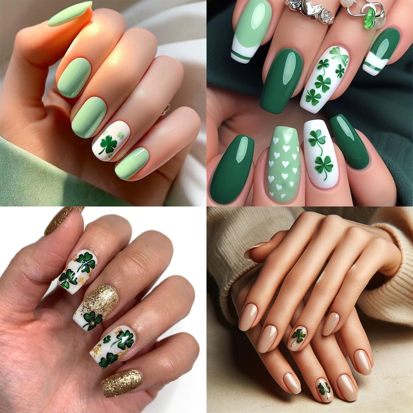 2 Sheets Irish Four-Leaf Clover Nail Art Stickers St. Patrick's 5D Self-Adhesive Embossed Green Shamrock Nail Decals Design Lucky of Irish Spring Leaf Nail Supplies for Women Nail Decoration