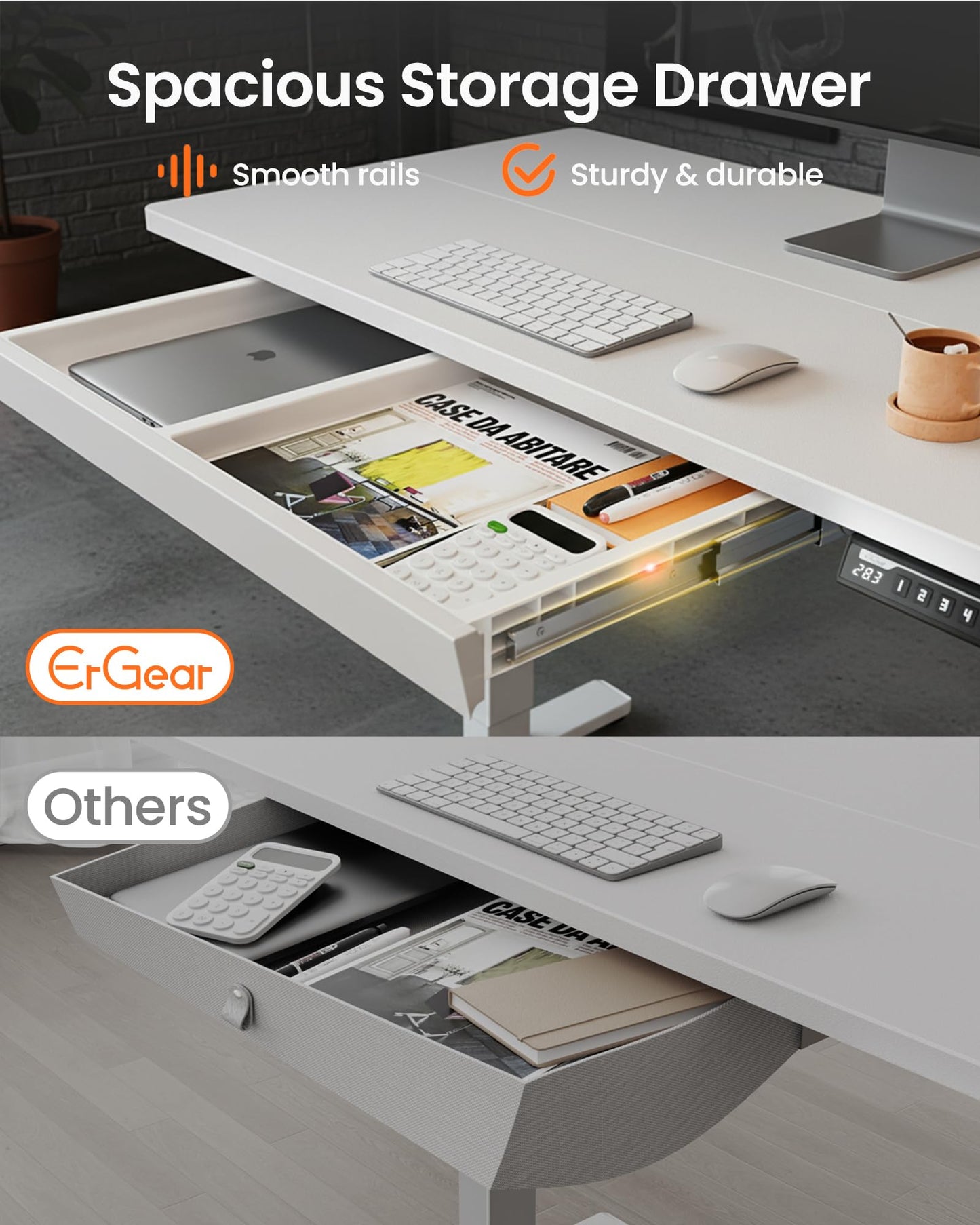 ErGear 44 inch Electric Standing Desk with Drawers, Adjustable Height with Storgear, 4 Memory Height Settings, Sit Stand Up Desk for Home Office & Computer Workstation, White