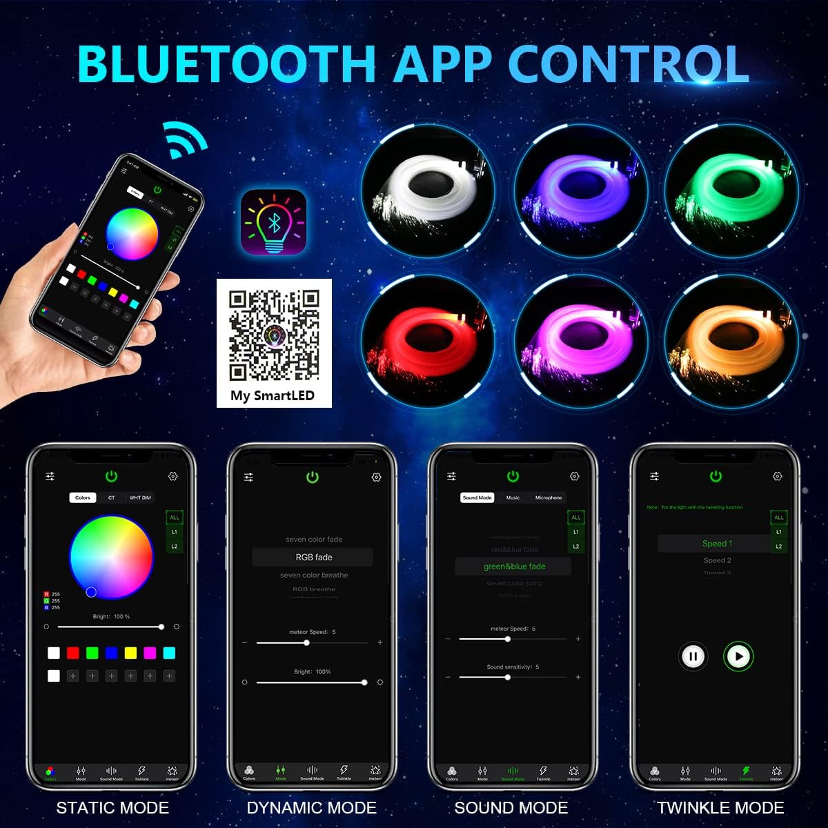 AMKI High Brightness 32W Twinkle 1000pcs Fiber Optic Starlight Headliner Kit 0.03in 16.4ft Fiber Strands RGBW Sound Activated APP Remote Control for Car Home Roof Ceiling Decoration