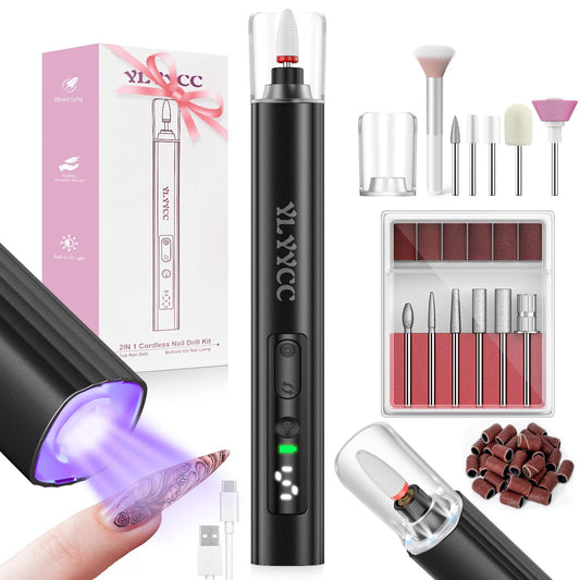 Cordless Nail Drill Electric File with UV Nail Lamp:Professional for Acrylic Gel Dip Powder Nails Portable Nail Drill Machine Kit for Manicure Pedicure Nail Set Rechargeable Lightweight (Black)