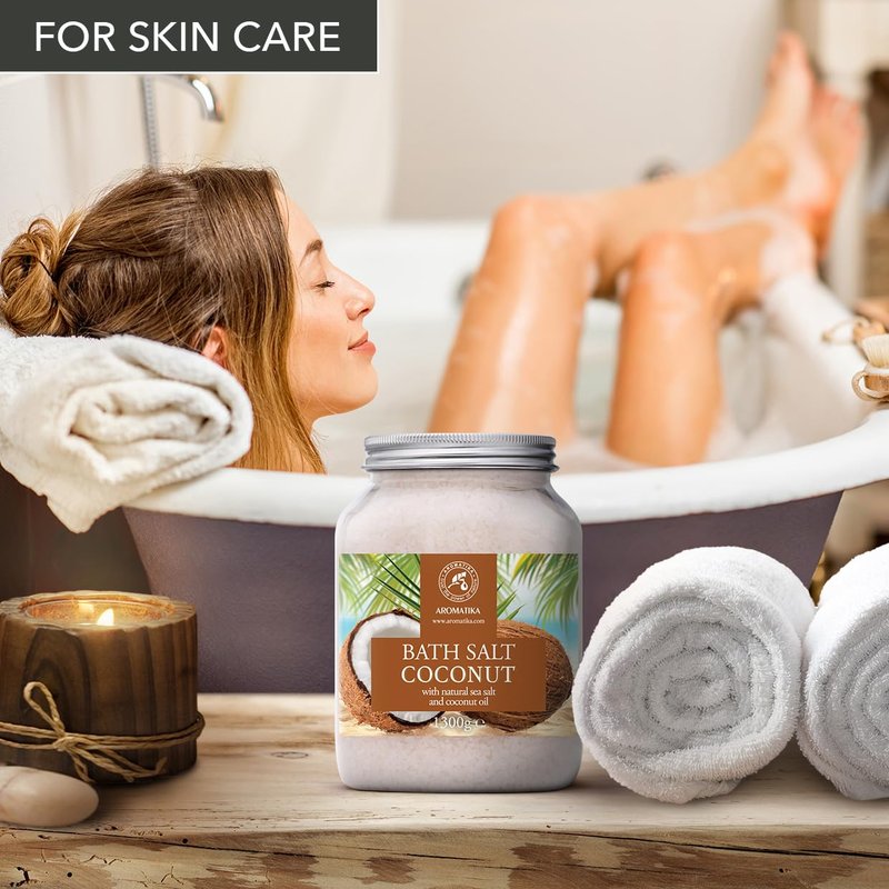 Bath Sea Salt Coconut 46 Oz (1300g) - Coconut Oil for Bath Soak - Natural Sea Salt - Body Care - Beauty - Wellness - Relaxation - Aromatherapy Bath Salts - Exotic Scent