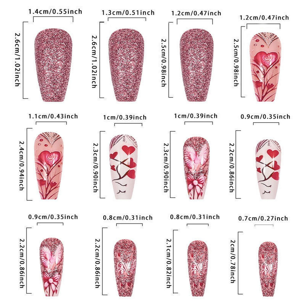 Valentine's Day Press on Nail Long Coffin Fake Nails with designs Pink Press ones Full Cover Hearts Stick on Nail Glitter Acrylic False Nails Reusable Glue on Nails for Women Romantic Manicure24pcs