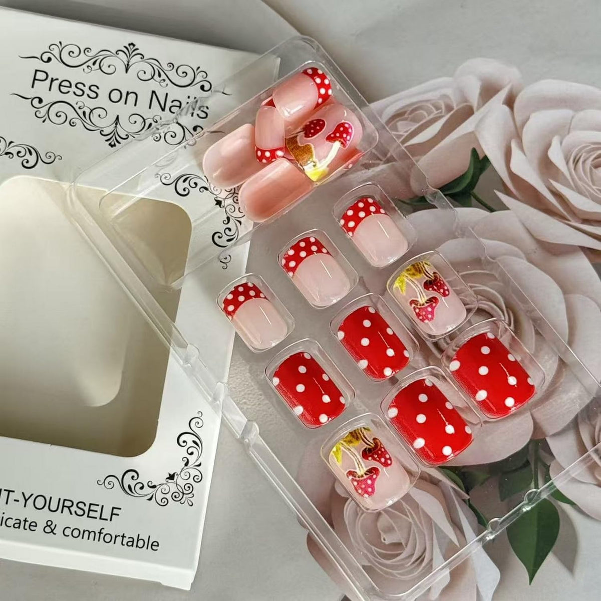 Red Press on Nail Short Square Fake Nails Full Cover Red with Polka Dot Stick on Nail French Tip Press ones Glossy Mushroom Pattern Cute Acrylic Nails Reusable Manicure For Women Nail Supplies24pcs