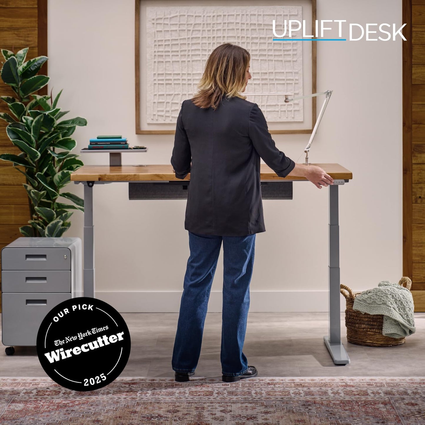 UPLIFTDESK V3 2-Leg Maple Laminate Wood Standing Desk – Adjustable Height, Advanced 1-Touch Memory Keypad, Under Desk Cable Management, Wire Grommets & Rocker Board (Black C-Frame, 72 x 30 inch)