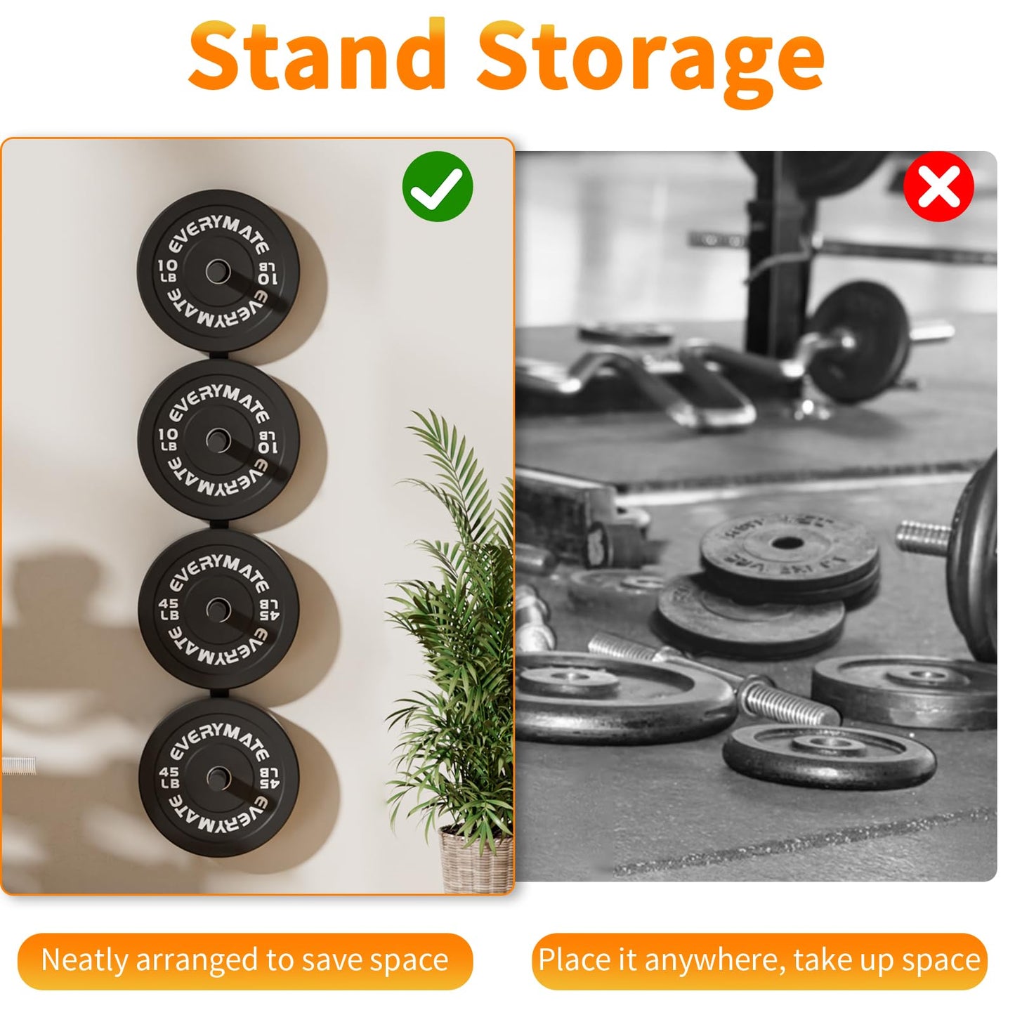 EVERYMATE Weight Plate Storage Rack, Wall Mounted Weight Plate Holder, Bumper Plate Storage for Home Gym, Heavy Weight Plates Holder Fit 2"Plates (4peg)"