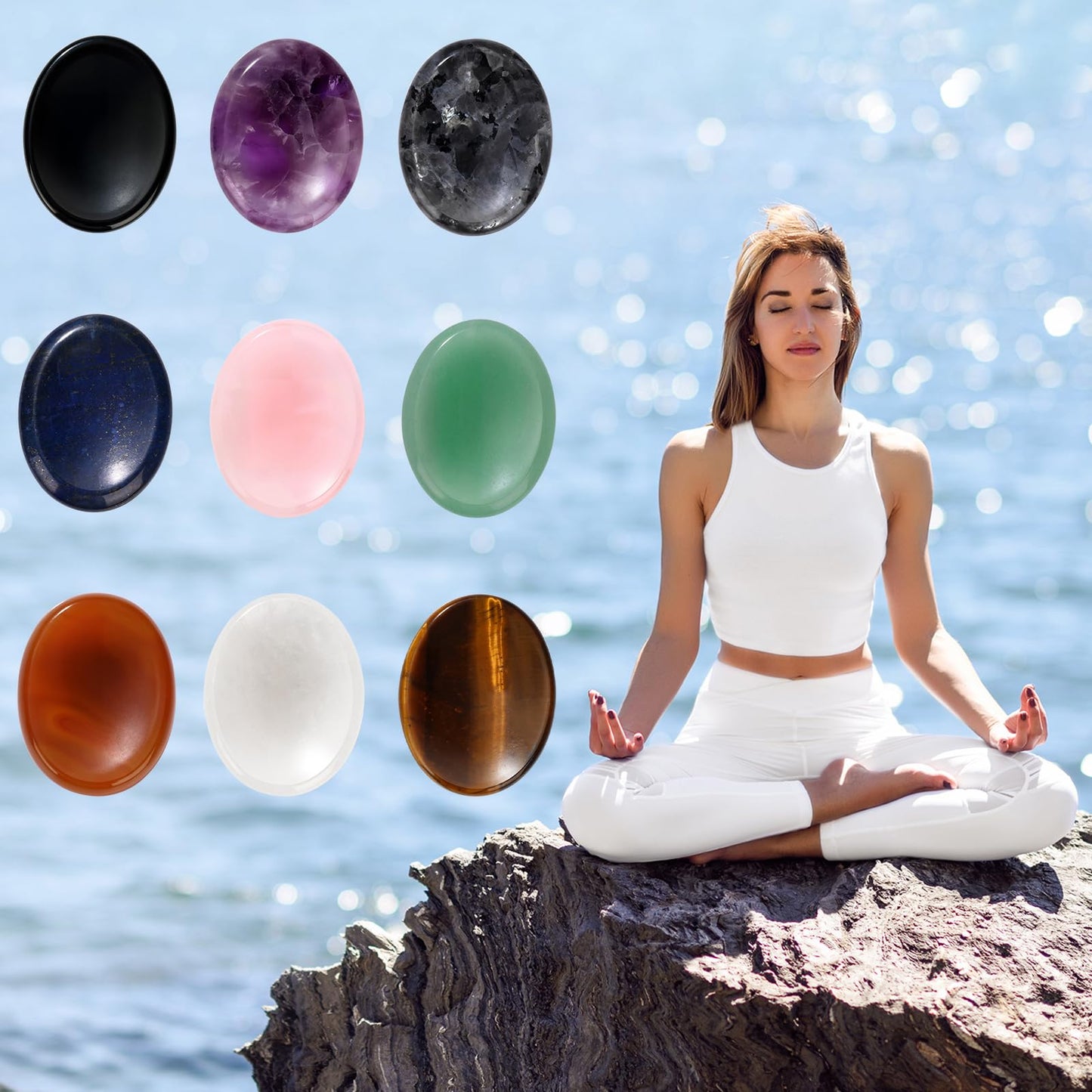 GolbalJew Clear Quartz Thumb Worry Stone for Anxiety Healing Crystals Sets, Hand Carved Crystals and Healing Stones, Meditation Crystal Reiki Natural Relax Palm Stone for Anxiety Therapy Relief