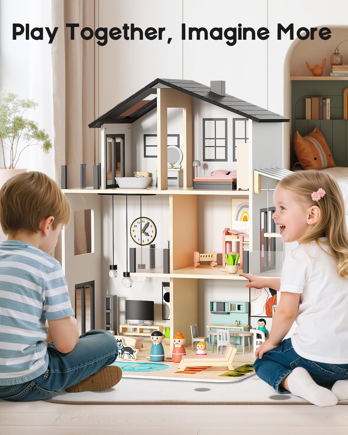 BIERUM Wooden Dollhouse, Large Modern Doll House with 44Pcs Furniture Accessories, Dolls & Pets, DIY Puzzle Pool Yard, Wood Dollhouse Toy for Toddlers 3+, Ideal Gift for Boys and Girls (Black)