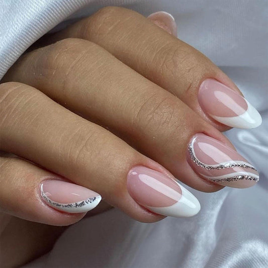 FJSMTOPl White French Tip Press on Nails Almond Fake Nails Press ons Medium False Nails Glitter Swirl Glossy Full Cover Acrylic Glue on Nails Artificial Stick on Nail for Women Manicure 24Pcs