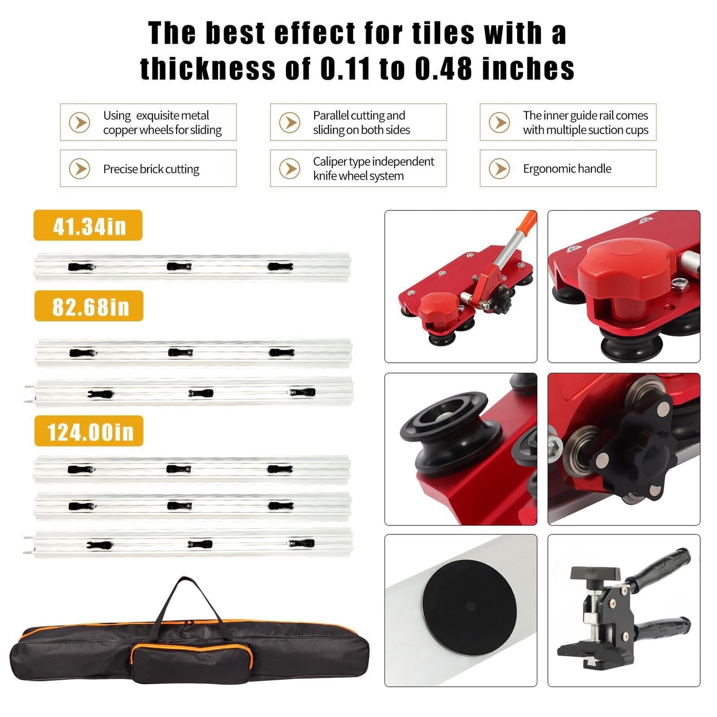 Large FormatTile Cutter, Manual Ceramic Tile Cutting Tool with Built-in Suction Cups & Tile Clamp, 3-Head Scoring Wheel System, for Up to 0.47-Inch Thick Tiles